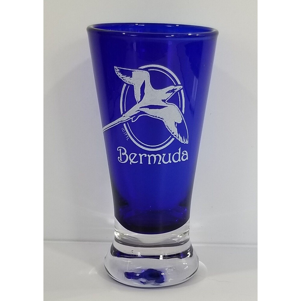 Vintage Bermuda Cobalt Blue Tall Shooter Shot Glass Longtail Bird Souvenir